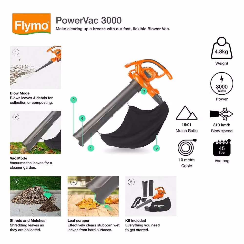 Flymo Powervac 3000 Electric Garden Blower, Vacuum and Mulcher in Orange – 9