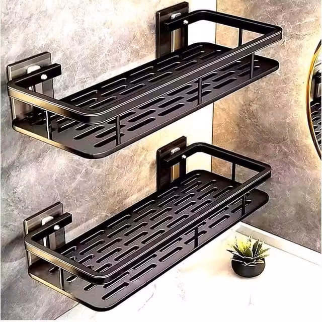 EONLION 2-Piece Black Matt Metal Shower Shelf Set with Hooks – 1