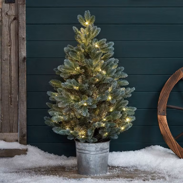 90cm Pre Lit Potted Outdoor Christmas Tree with Warm White LED Lights and Timer
