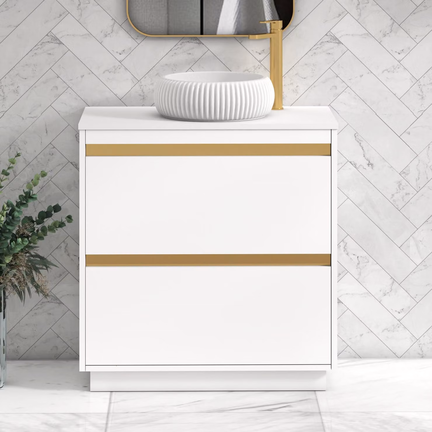 Royal Bathrooms Orion 800mm Matt White Floor Standing 2 Drawer Vanity Unit with Milan Basin and Brushed Brass Accent Trim