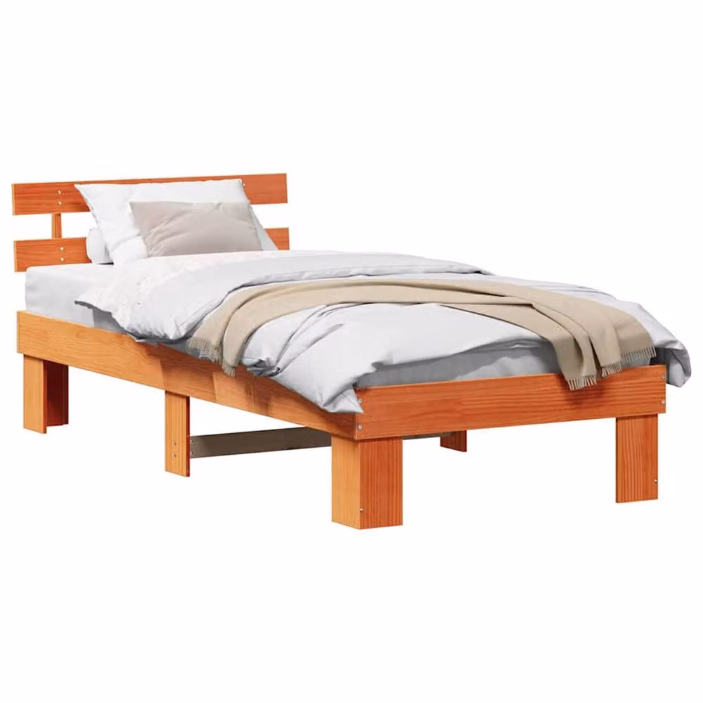 Berkfield Home Solid Wood Pine Bed Frame with Headboard in Wax Brown, W: 80 cm, L: 200 cm – 2