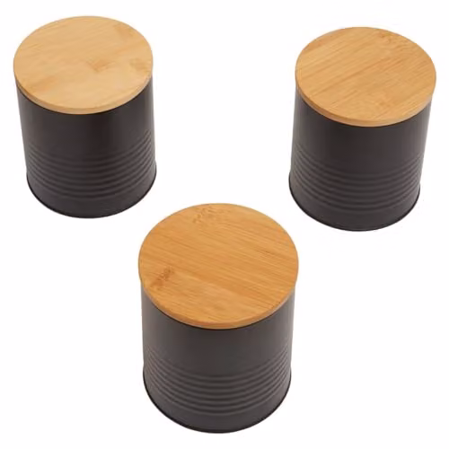 Premier Housewares Set of Three Airtight Black Metal and Bamboo Kitchen Canisters – 3