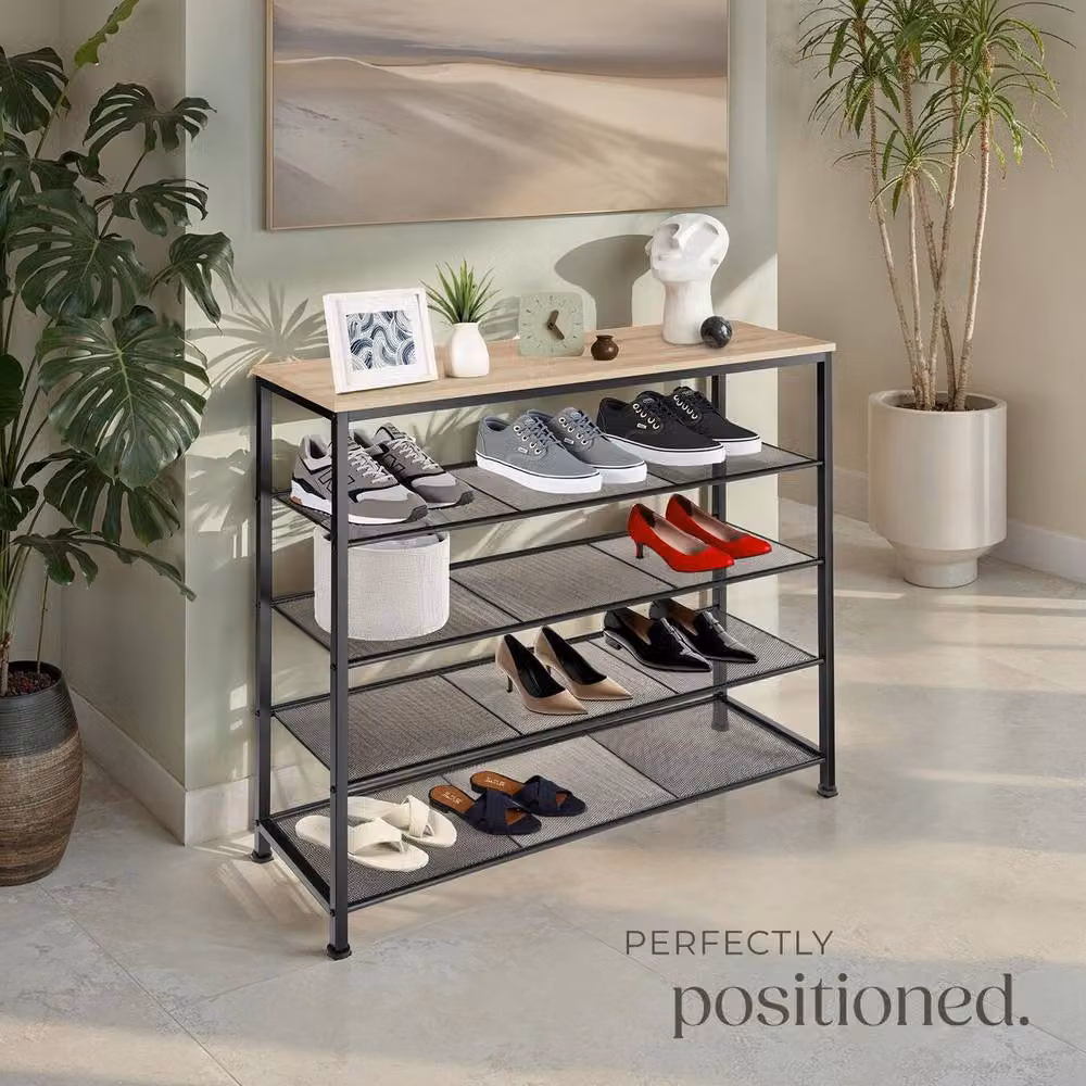 tectake Sheffield Industrial Freestanding Shoe Rack in Light Oak – 6