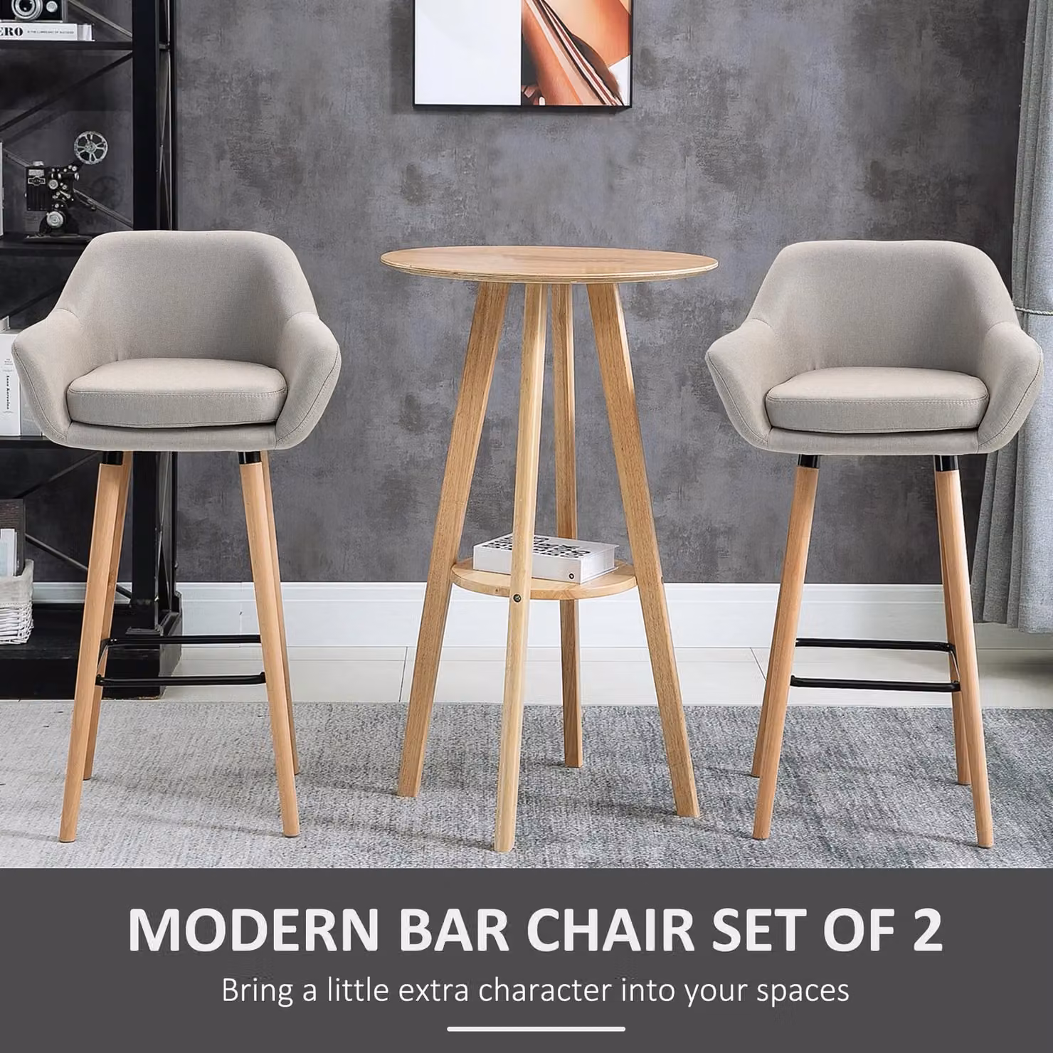HOMCOM Set of 2 Modern Upholstered Fabric Bucket Seat Bar Stools with Armrests and Wood Legs in Beige – 4
