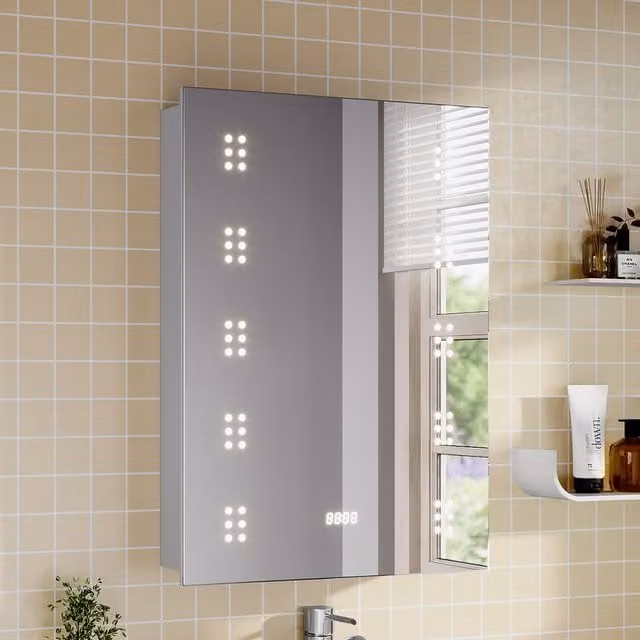 Livingandhome Wall Mounted Silver LED Mirror Cabinet with Anti-Fog Function, Sensor Switch and Shaver Socket
