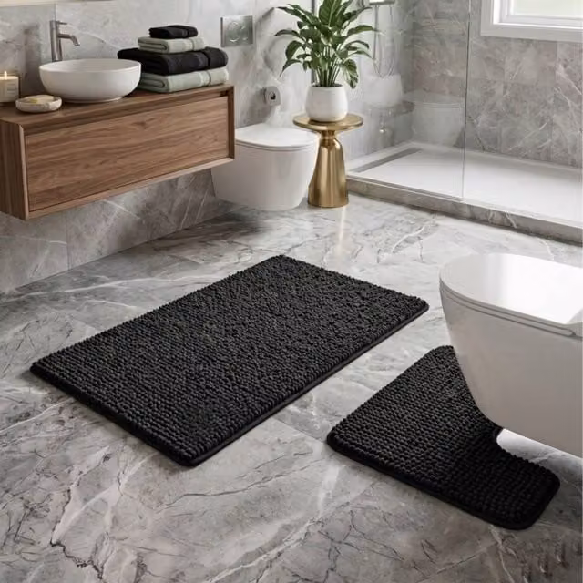 Snug City 2-Piece Chenille Loop Design Bath Mat and WC Pedestal Mat Set, Black, W: 50 cm x L: 80 cm