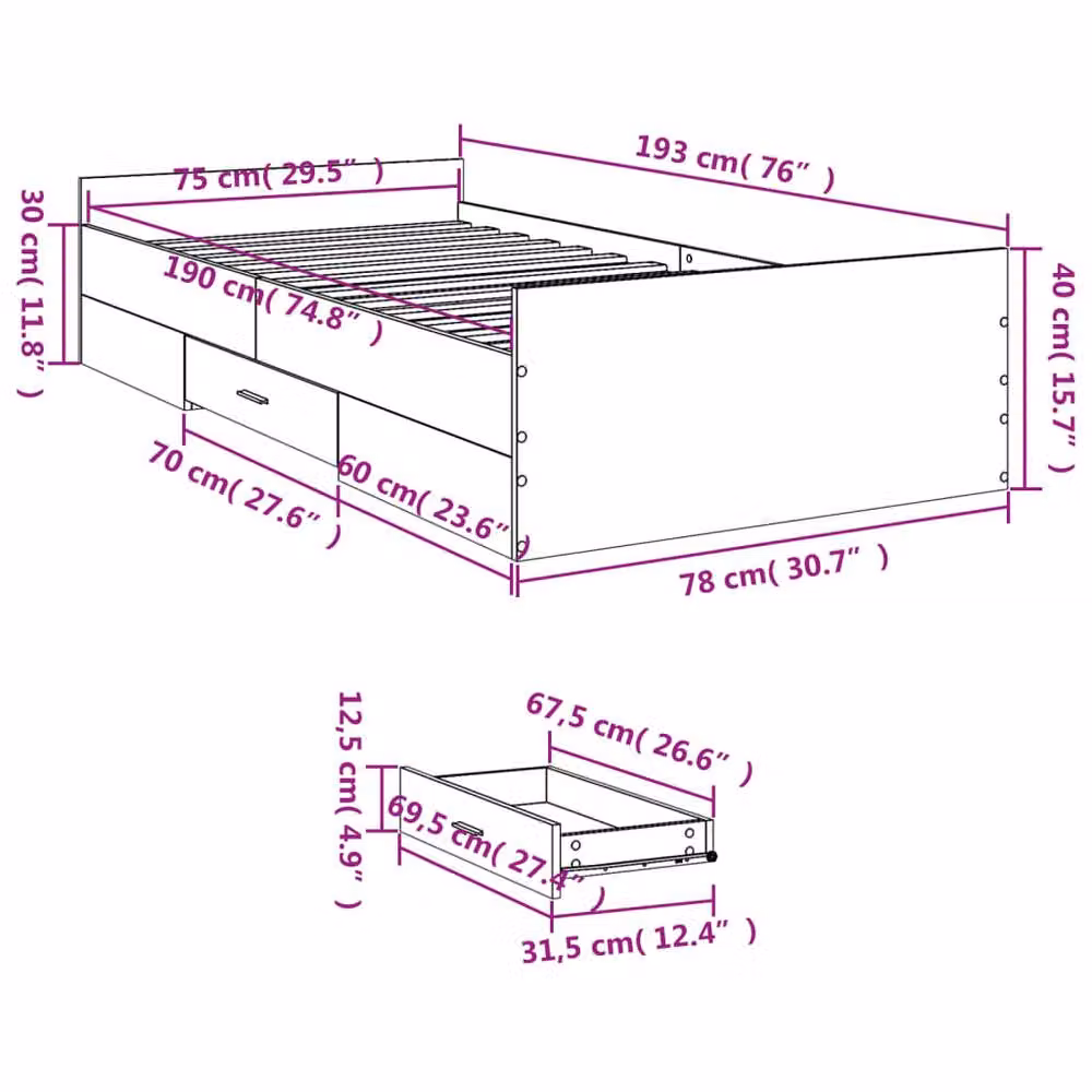 Berkfield Home Modern Pine Bed Frame with Drawers in Grey, W/D/H: 75 x 190 x 40 cm – 2