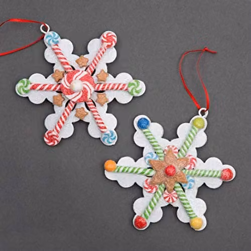Shatchi Multicolour Ceramic Snowflake and Candy Lollypop Hanging Christmas Tree Ornaments, 2-Piece Set, W/D/H: 12 x 12 x 12 cm
