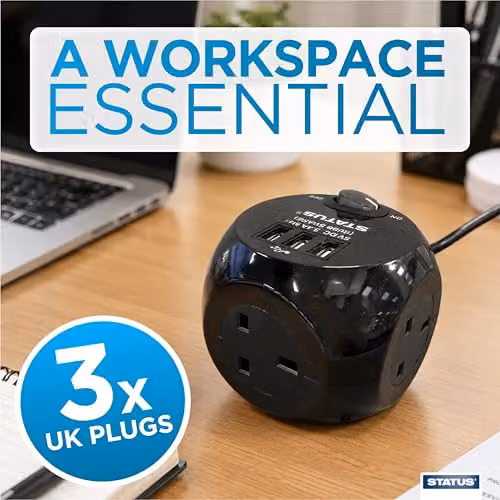 Status 3 Way Cube Socket with 3 USB Ports and 1.4 Metre Lead, Black – 3