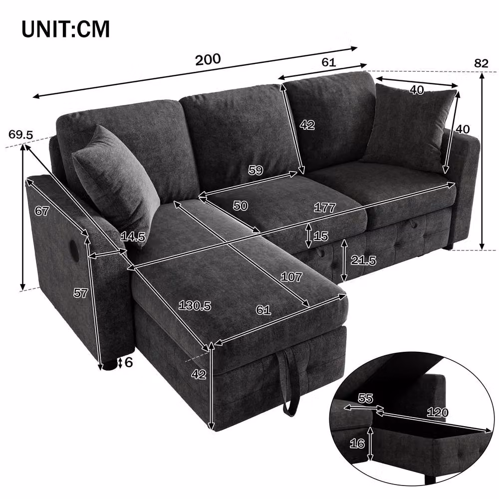 Rolipo Grey Reversible L-Shaped Chenille Fabric Sofa Bed with USB Charging and Storage Chaise – 2