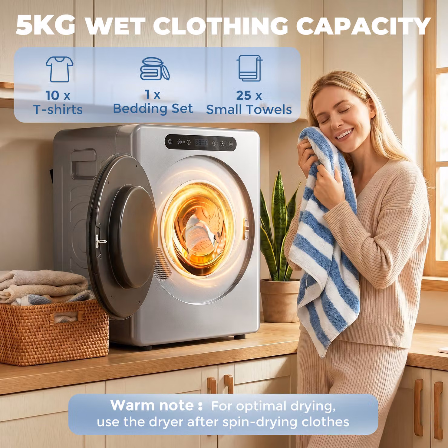 HOMCOM 5kg Compact Front Loader Tumble Dryer with Reversible Drum and Child Lock, Silver Tone – 5