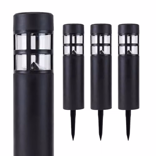 Gardenwize Pack of 4 Solar LED Pillar Stake Lights in Black with Warm White Illumination – 5