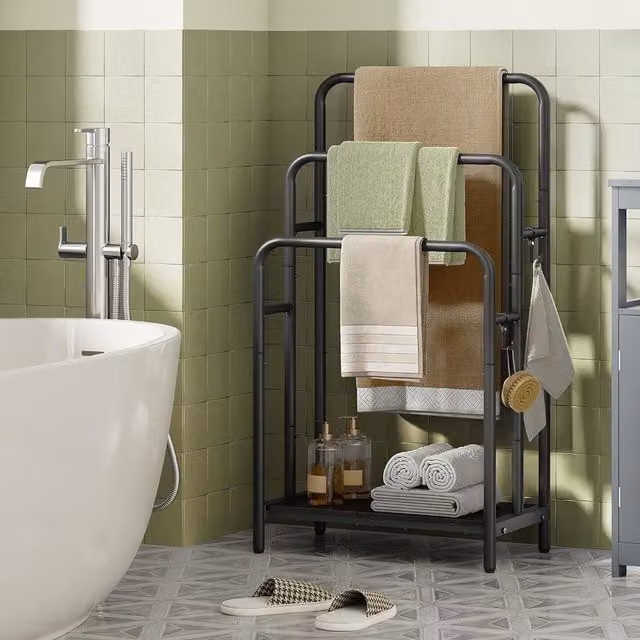 SONGMICS Compact Freestanding 3-Bar Towel Rack with 2 Hooks and Storage Shelf in Black – 1