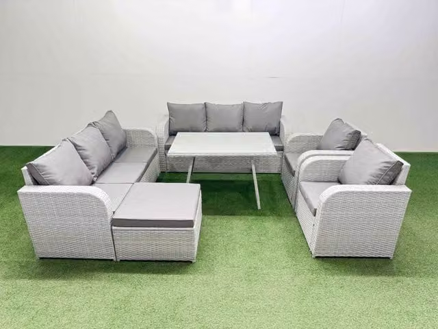 Fimous Rattan High Back Lounge Sofa Set with Reclining Chairs and Large Stool in Light Grey