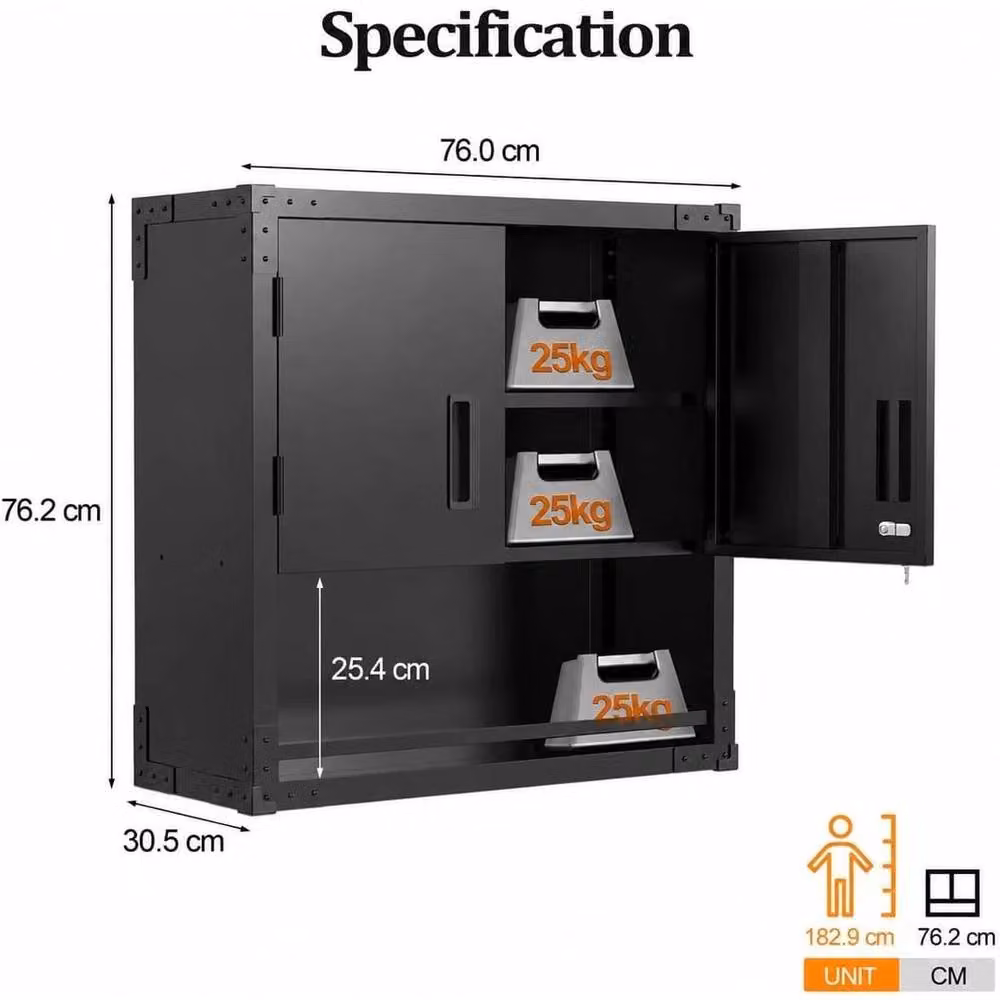 EONLION Lockable Steel Tool Storage Cabinet with Open Shelf, Black, W: 100 cm, H: 200 cm – 1
