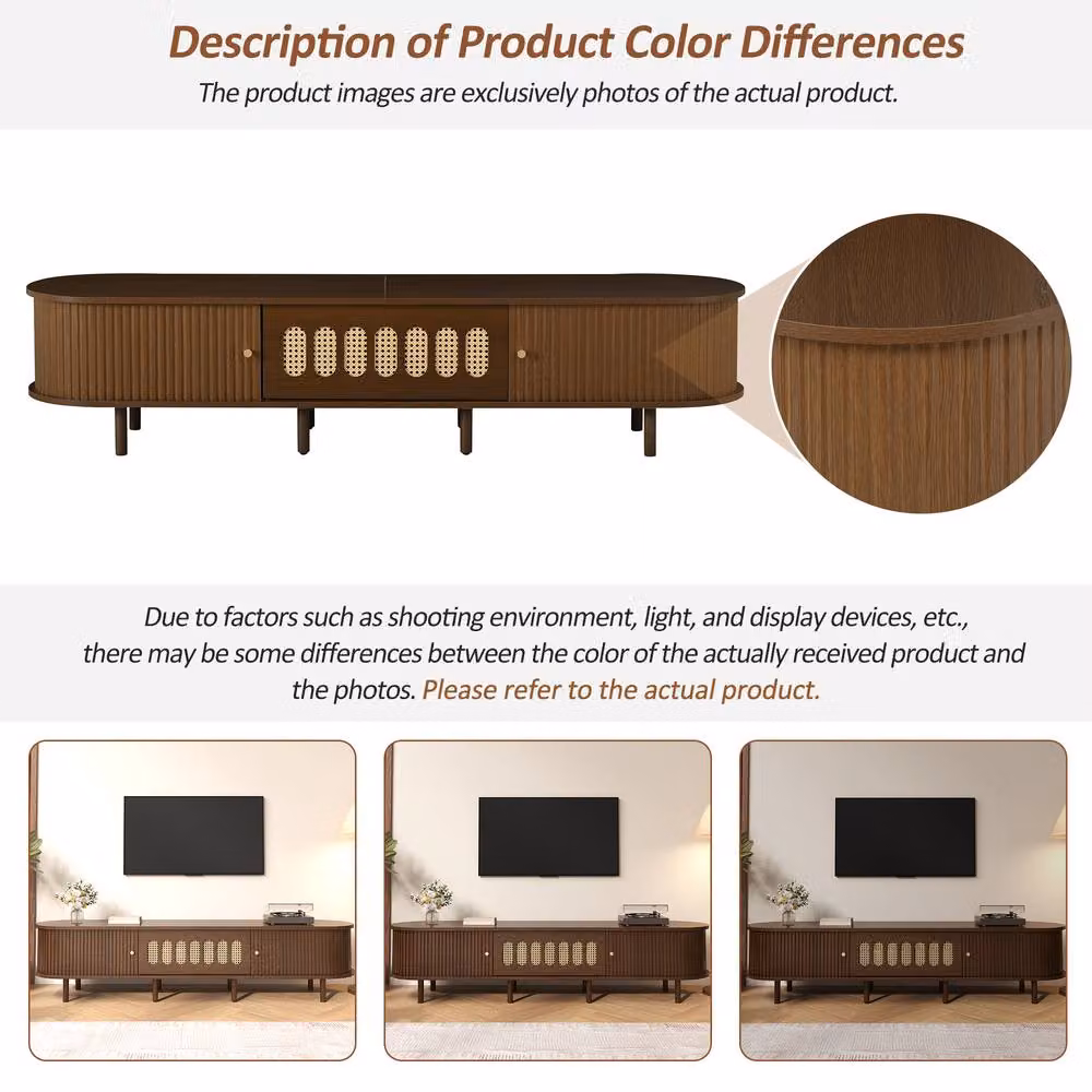 Matteo Dark Walnut Rattan TV Stand - Retro Oval MDF Cabinet with Roll-Up Doors in Brown – 2