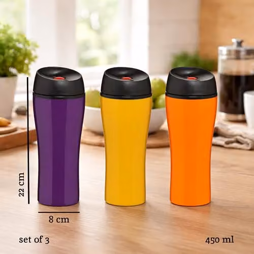 Orsina Stainless Steel Leak Proof Reusable Travel Beakers, Multicolour, 450ml, Set of 3 – 3