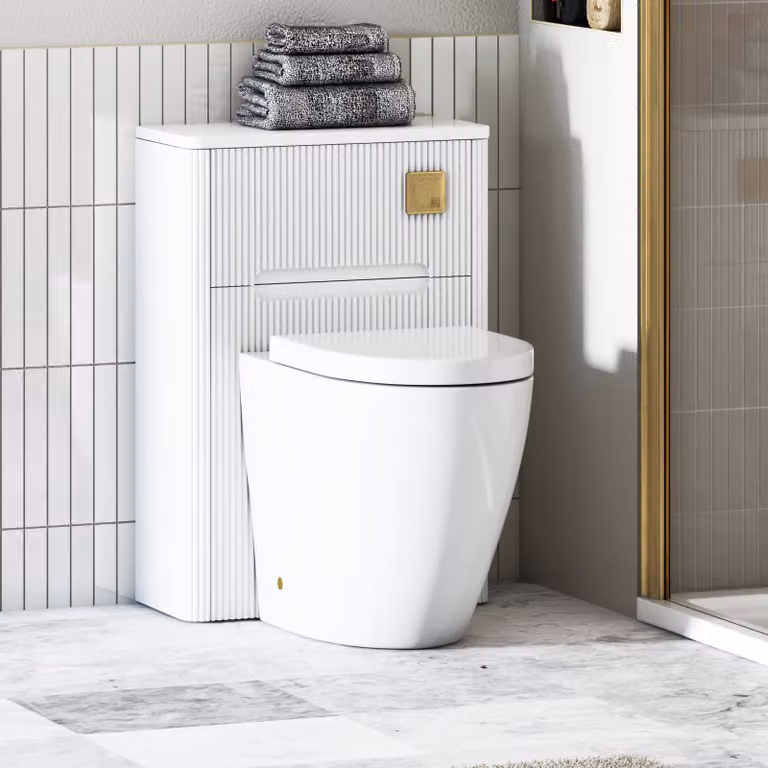Avenza Matte White Wall Mounted BTW WC Unit with Elva Rimless Ceramic Short Projection Toilet Pan, Soft Close Seat and Cistern, Width: 55 cm