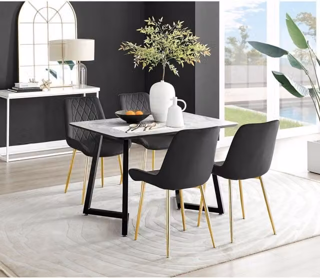FurnitureboxUK Carson White Marble Effect Dining Table and 4 Pesaro Gold Leg Chairs in Black