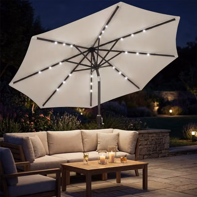 Outsunny 2.6 m Garden Parasol Umbrella with Solar Light in Light Grey