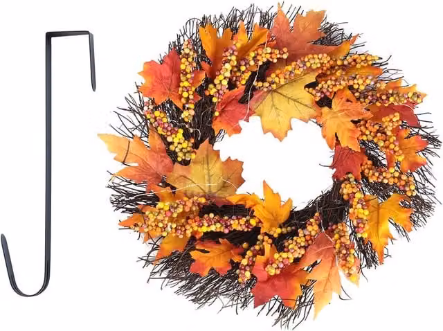 Garden Sanctuary Orange Rattan Maple Leaves and Berries Wreath with Warm White Lights