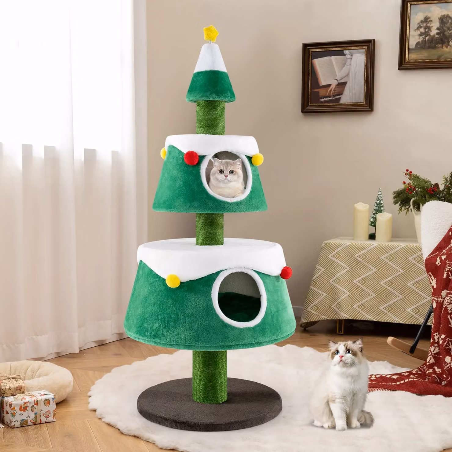 Costway Christmas Cat Tree with 2 Condos and Integrated Toys in Green – 7