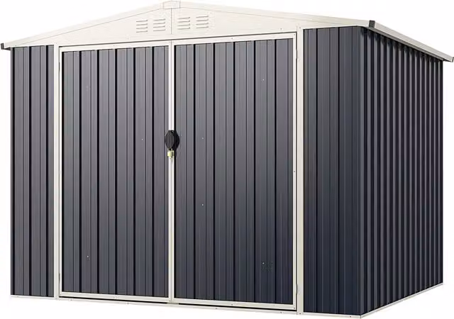 COSTWAY Modern Anthracite Grey Galvanised Steel Outdoor Utility Tool Shed with Gable Roof, H 246 cm x W 193 cm x D 180 cm