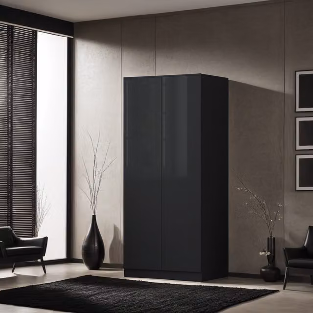 FWStyle Black Gloss Scandinavian 2 Door Wardrobe with Push To Open Design