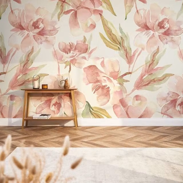 I Love Wallpaper In Bloom Floral Watercolour Wall Mural in Peach and Green
