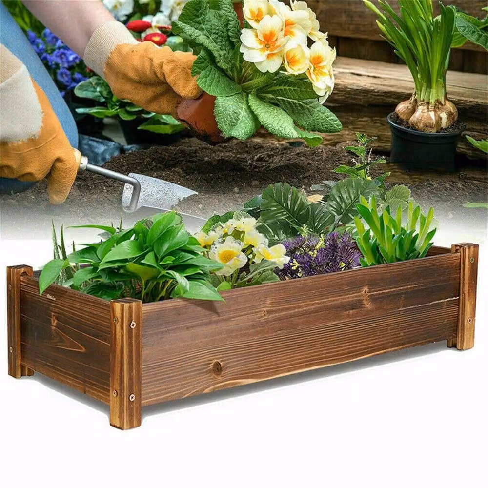 NESTLUNE Large Wooden Rectangular Raised Flower Bed Planter in Brown – 4
