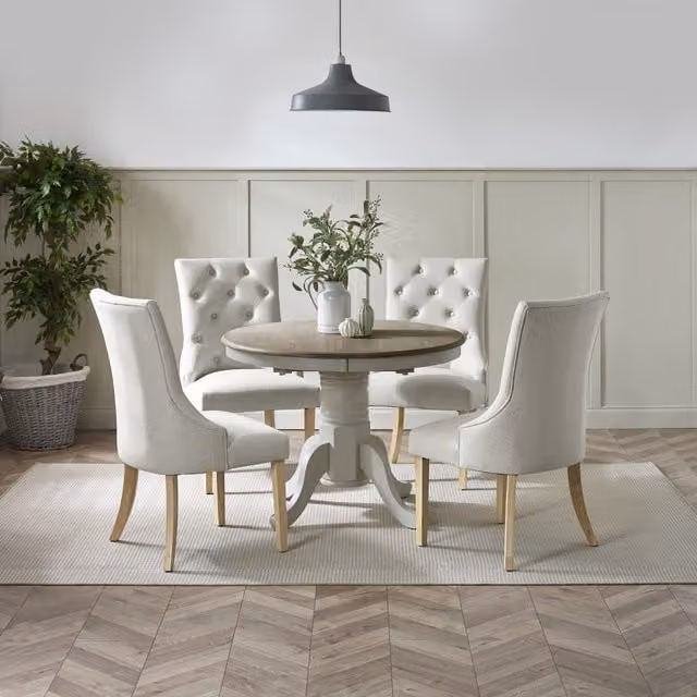 FurnitureboxUK Padstow Round Wooden Extending Dining Table and 4 Belgravia Chairs in Grey and Beige