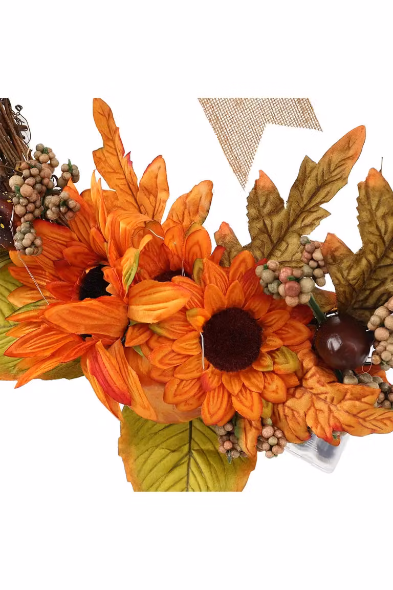 Living and Home Orange Artificial Sunflower Wreath with Lights for Halloween and Autumn, Diameter: 30 cm