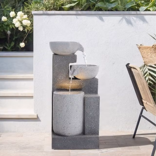 Lifeideas Grey Solar Cascading Bowls Outdoor Water Fountain, H 72 cm x W 32 cm