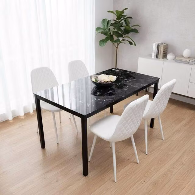 KOSY KOALA Black Marble Effect Rectangular Glass Dining Table with 4 White Faux Leather Chairs