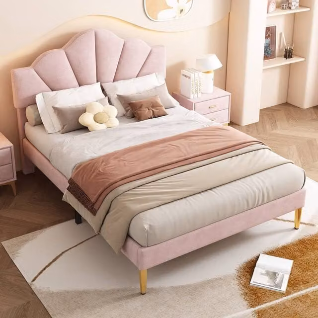 Rolipo Pink Velvet Double Bed with Shell Headboard and Gold Iron Legs, W/D/H: 140 x 200 cm