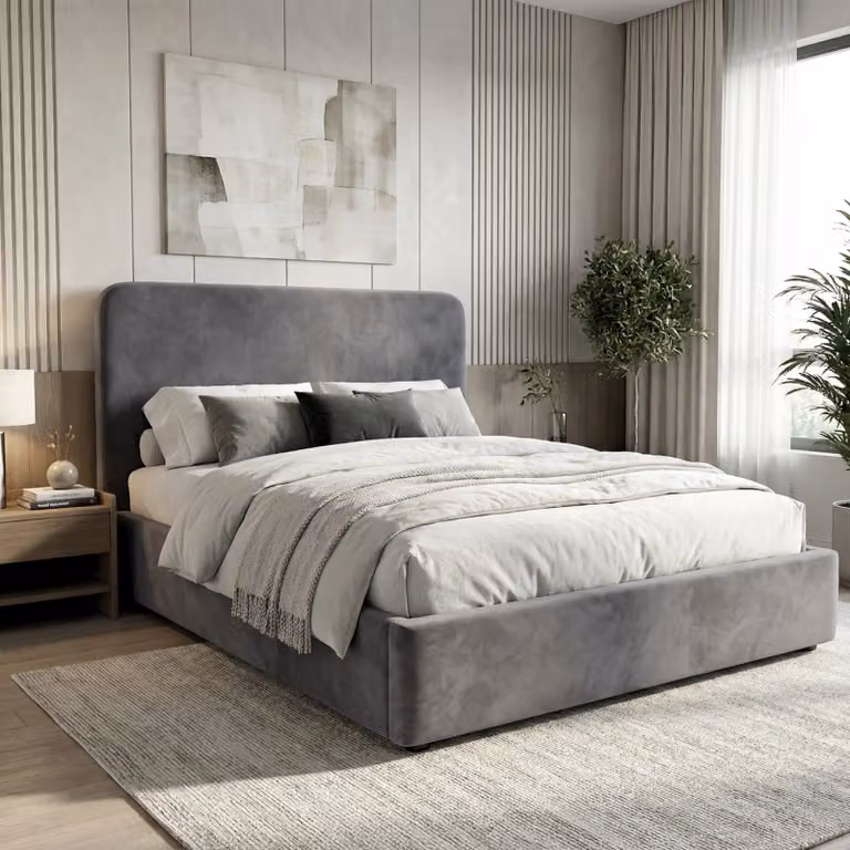 DHS Pluva Velvet Ottoman Storage Bed Frame, Grey, W/D/H: 140 x 190 x 135 cm