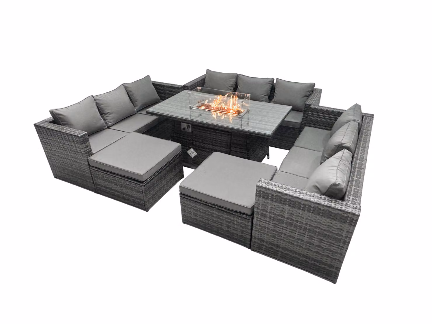 Fimous 11 Seater Rattan Garden Furniture Firepit Set with Glass Top Dining Table in Dark Grey – 2