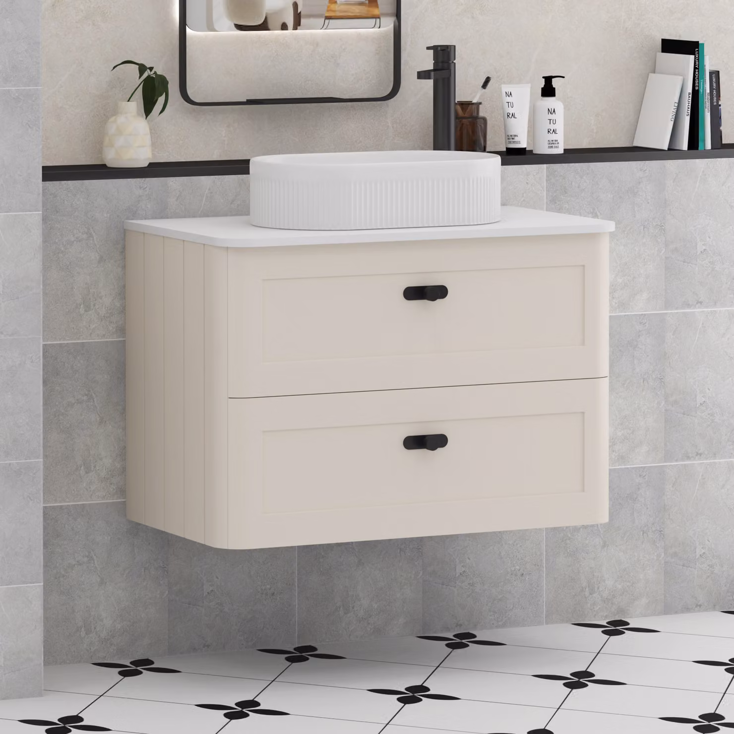 Royal Bathrooms Henley 800mm Wall Hung Vanity Unit in Mushroom Cashmere with Lyon Basin, Plain White Worktop and Matt Black Knob