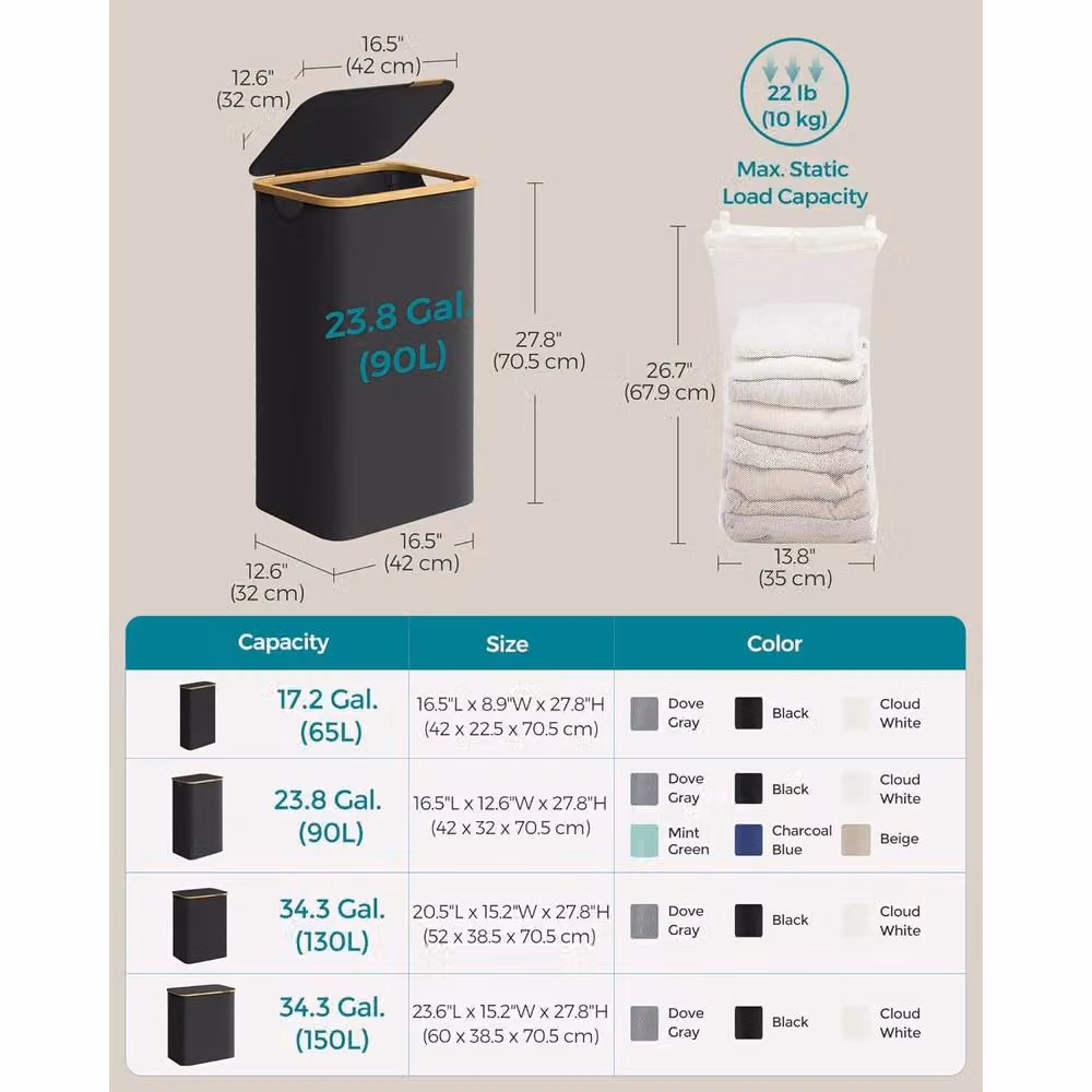 The Bazaarist Laundry Hamper with Lid, Removable Liner and Bamboo Handles, Black – 3