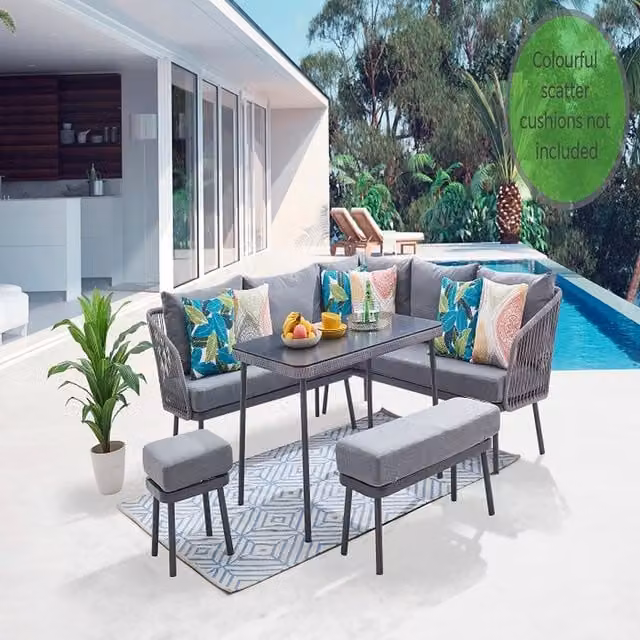 GRS Perth 5pc Modern Rattan and Glass Dining Set in Grey
