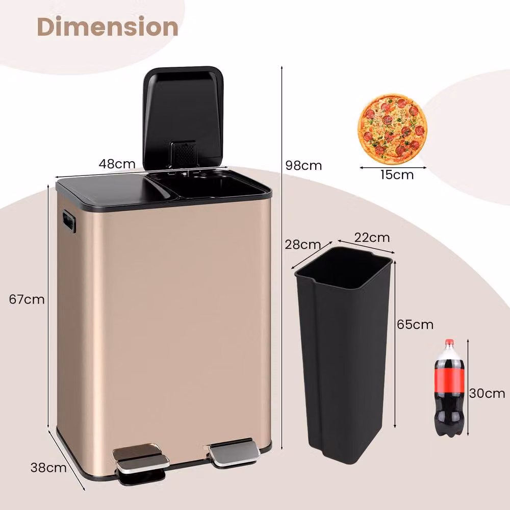Costway 60L Dual Compartment Pedal Trash Bin with Soft Close and Fingerprint Proof Stainless Steel in Gold – 2