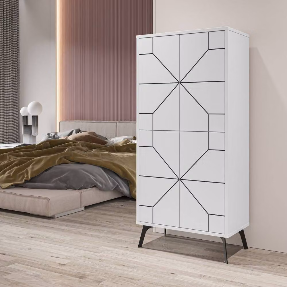 CALICOSY Modern High Sideboard with 4 White Doors and Black Accents in Dune, Height: 136 cm – 3