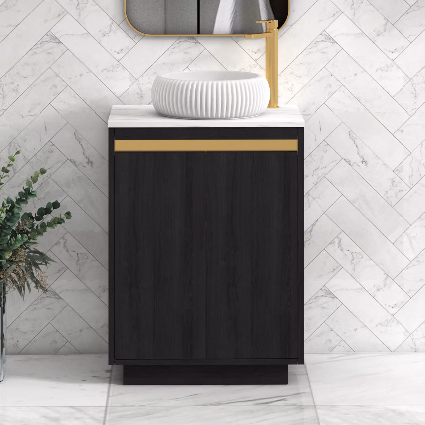 Royal Bathrooms Orion 600mm Hale Black Floor Standing 2 Door Vanity Unit with Milan Carrara White Countertop and Brushed Brass Accent Trim
