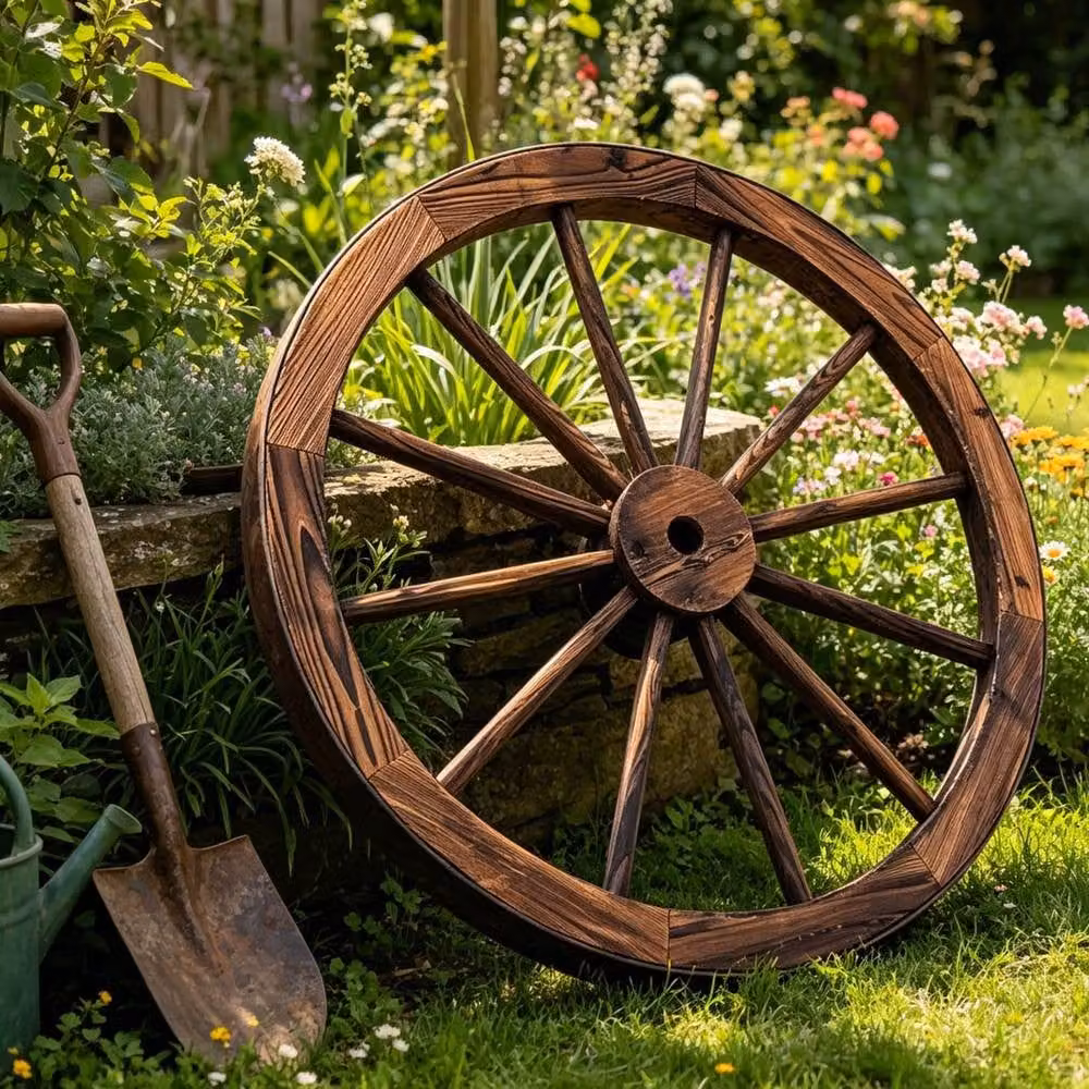 Gr8 Garden Rustic Wooden Wagon Wheel Wall Decor, Brown, Diameter: 90 cm – 5