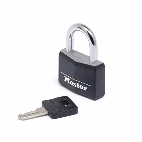 Master Lock Aluminium Key Padlock with Black Vinyl Cover, W: 4 cm, H: 5.9 cm, D: 1.3 cm