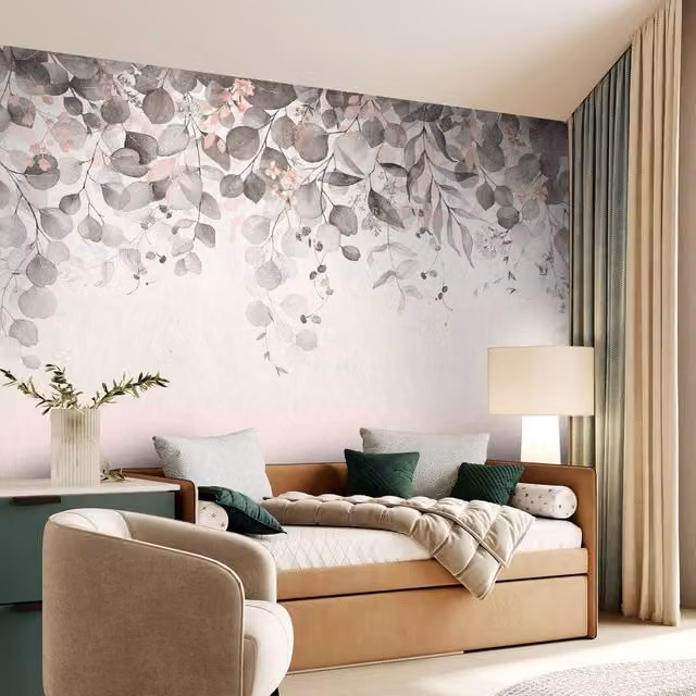 Superfresco Easy Botanical Cascade Mono Print Floral Wall Mural in White and Pink, W: 300 cm, H: 280 cm