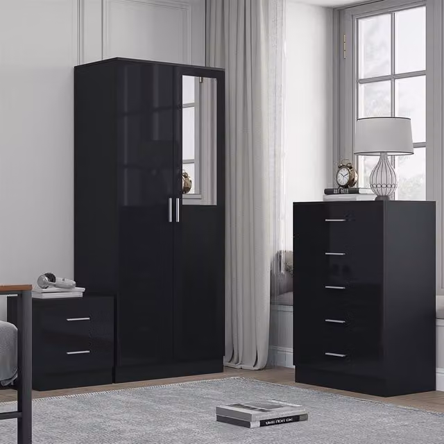 REFLECT Bedroom Furniture Bundle with 2-Door Mirror Wardrobe, Chest of Drawers and Bedside Table in Black Gloss and Matt Black