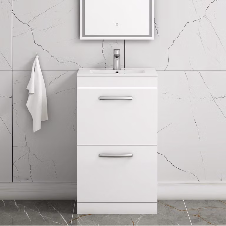 Royal Bathrooms Turin 500mm Floor Standing Gloss White 2 Drawer Minimalist Basin Vanity Unit