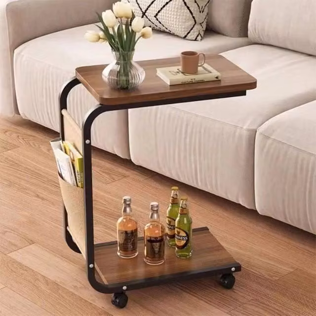 NESTLUNE Mobile C-Table Side Table with Storage Pockets in Brown, W: 100 cm, D: 60 cm, H: 63 cm