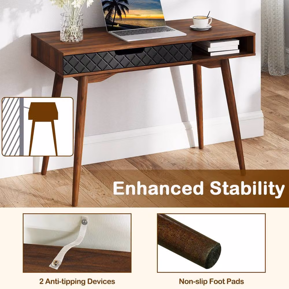Gymax Mid-Century Writing Desk in Brown with Rubberwood and Metal Construction – 6